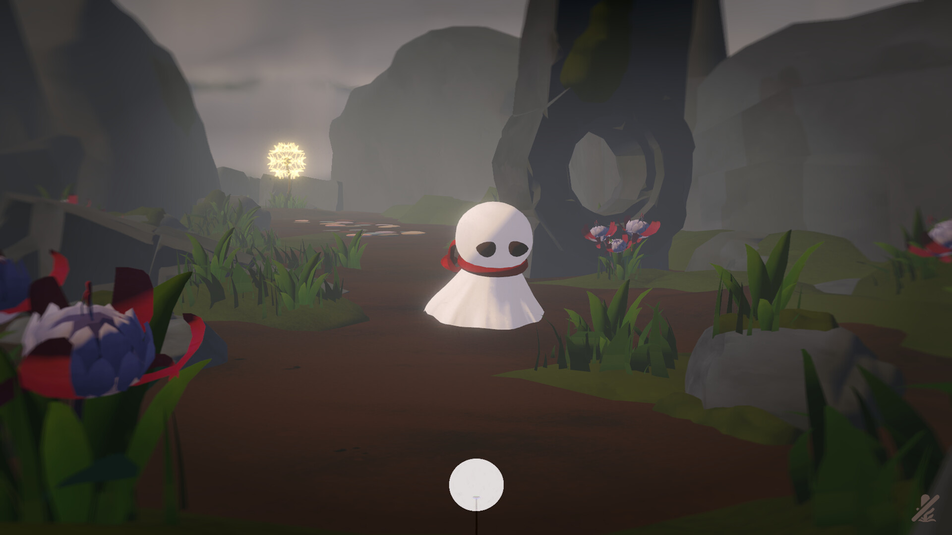 The Wisp standing on a foggy path beside a glowing dandelion and stone archway